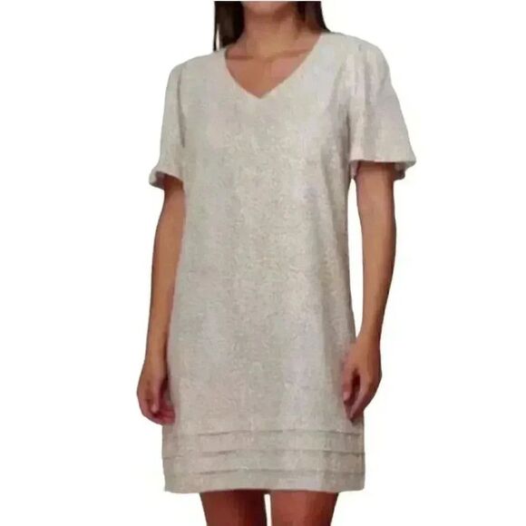 Nicole Miller Women's Green & White Floral Linen/Viscose V-Neck Short Sleeve Ple - Picture 1 of 14